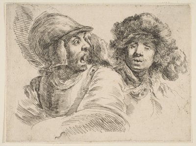 Pelästynyt sotilas ja mies turkishatussa, n. 1652. tekijältä Stefano della Bella