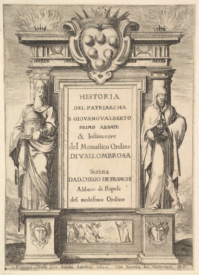 Etutaulu: Medici-vaakunalla koristeltu monumentti ylhäällä keskellä, liekit..., 1640. tekijältä Stefano della Bella