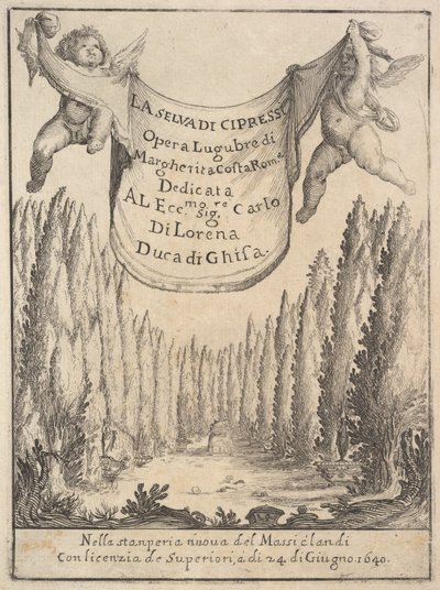 Sypressimetsän etupuoli La selva di cipressi: kaksi puttia pitelevät kuvakudosta vuonna 1640. tekijältä Stefano della Bella