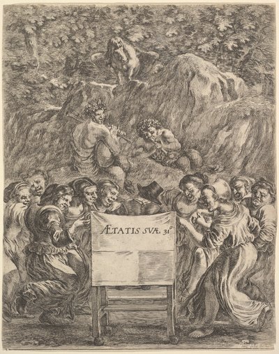 Scarronin teosten etukappale uvres de Scarron, tuolissa istuva runoilija..., 1649. tekijältä Stefano della Bella