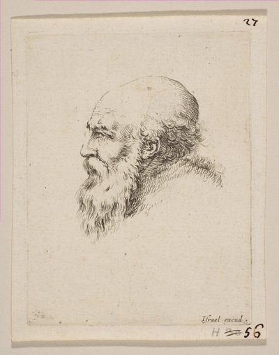 Kaljuun ja parraiseen vanhan miehen profiilin pää, eri päistä ja hahmoista Diverses ..., 1650. tekijältä Stefano della Bella