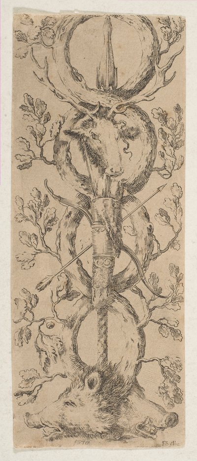 Hirven ja kahden villisian päät Rinceaux of Oak Branchesissa, n. 1653. tekijältä Stefano della Bella