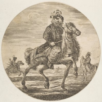 Unkarilainen ratsastaja ratsastaa oikealle, taustalla muut hevosmiehet, sirkus..., n. 1651. tekijältä Stefano della Bella