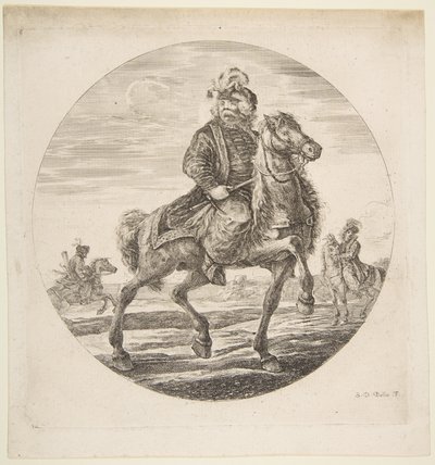 Unkarilainen ratsastaja ratsastaa oikealle, taustalla muut hevosmiehet, sirkus..., n. 1651. tekijältä Stefano della Bella