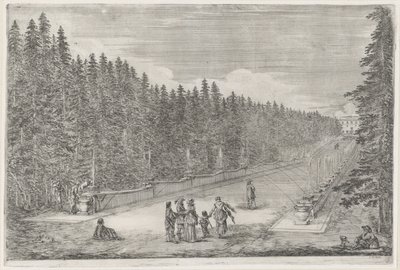 Neliö suihkulähteineen Villa Pratolinon puutarhassa Villa Pratolino (sarjan nimi) Vues de la villa de Pratolino (sarjan nimi) tekijältä Stefano della Bella