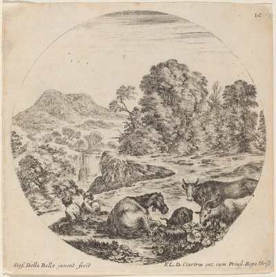 Maisema eläinten ja kahden istuvan paimenen kanssa, 1646. tekijältä Stefano della Bella