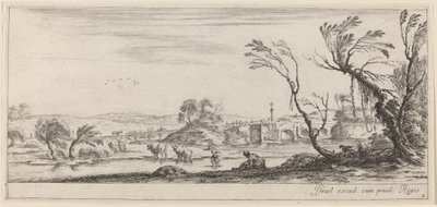 Maisema, jossa talonpoika valmistautuu ylittämään puron vuonna 1647 tai sitä ennen. tekijältä Stefano della Bella