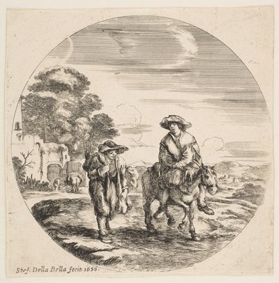 Maisema, jossa kaksi talonpoikaa, yksi ratsastaa, maisemista ja merisatamista Paysages..., 1656. tekijältä Stefano della Bella