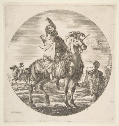 Maurilainen ratsumies profiilissa oikealle, musta orja turkista oikealla, toinen..., n. 1651. tekijältä Stefano della Bella