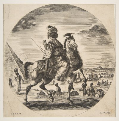 Maurilainen ratsumies profiilissa oikealle, taustalla pyramidi vasemmalla, paljon fi..., n. 1651. tekijältä Stefano della Bella