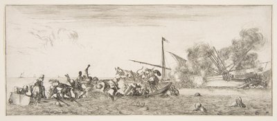 Meritaistelu, soutuvene täynnä ihmisiä, jotka taistelevat muskettien kanssa vasemmalle, ihmiset hukkuvat..., n. 1641. tekijältä Stefano della Bella