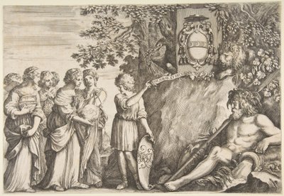 Ornamenttisuunnittelu opinnäytetyölle, Strozzi-vaakuna ylhäällä, n. 1660. tekijältä Stefano della Bella
