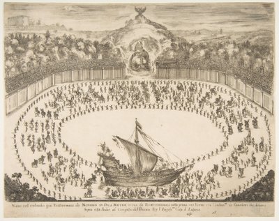 Laivan muotoinen paraatikelluke, Modenan suurherttua vaakuna ylhäällä, 1652. tekijältä Stefano della Bella