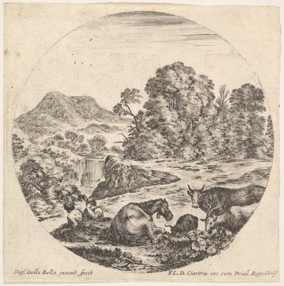 Levy 10: hevonen makuulla keskellä, lehmä ja kaksi vuohi oikealla, kaksi istuva she..., n. 1643-48. tekijältä Stefano della Bella