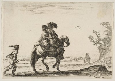 Kilpi 10: ratsasmies ja nainen takaa katsottuna, ratsastavat oikealle nuoren..., 1642. tekijältä Stefano della Bella