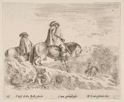 Levy 10: kaksi ratsumiestä laskeutumassa vuorelta vasemmalla, toinen ratsumies oikealla ..., n. 1644-47. tekijältä Stefano della Bella