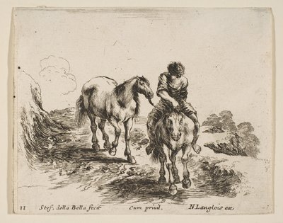 Levy 11: Nuori ratsumies edestä katsottuna, vetämässä toista hevosta, Diverilta..., n. 1644-47. tekijältä Stefano della Bella