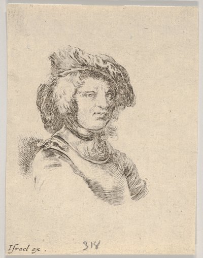 Levy 11: Lippiksessä olevan ja oikealle katsovan miehen rintakuva kohteesta Various heads a..., 1650. tekijältä Stefano della Bella