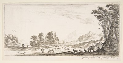 Levy 11: paimentar istuu oikealla puun alla ja katselee laumaa vasemmalle..., n. 1641. tekijältä Stefano della Bella