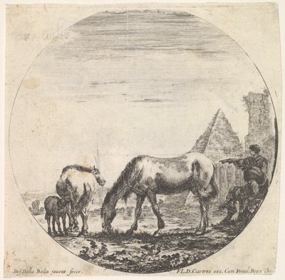 Levy 11: Caius Cestiuksen pyramidi oikealla taustalla, hevonen laiduntelee..., n. 1643-48. tekijältä Stefano della Bella