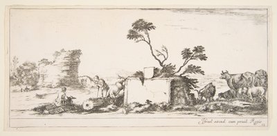 Levy 12: istuva piirtäjä vasemmalla, seisova paimen vieressään oikealla, raunio..., n. 1641. tekijältä Stefano della Bella