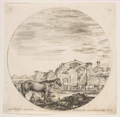 Levy 12: oikealla maassa nukkuva paimen, vasemmalla kolme hevosta, muut hevoset..., n. 1646. tekijältä Stefano della Bella