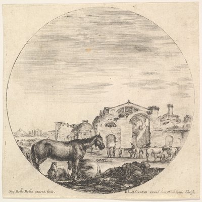 Levy 12: Paimen nukkuu maassa oikealla, kolme hevosta vasemmalla, muu h..., n. 1643-48. tekijältä Stefano della Bella