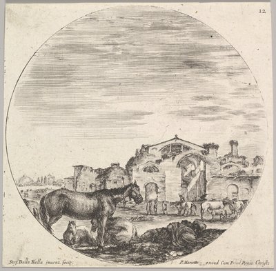 Levy 12: Paimen nukkuu maassa oikealla, kolme hevosta vasemmalla, muut h..., n. 1643-48. tekijältä Stefano della Bella