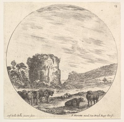 Taulu 13: taustalla muinaisen temppelin rauniot, lehmälauma etualalla..., n. 1643-48. tekijältä Stefano della Bella