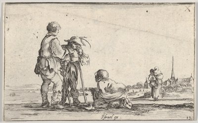 Levy 13: kaksi talonpoikaa seisomassa vasemmalla, rampa polvistumassa keskellä, a..., n. 1642. tekijältä Stefano della Bella