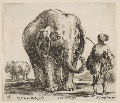 Levy 16: elefantti keskellä, jonka mahout seisoo oikealla ja yllään Orient..., n. 1644-47. tekijältä Stefano della Bella