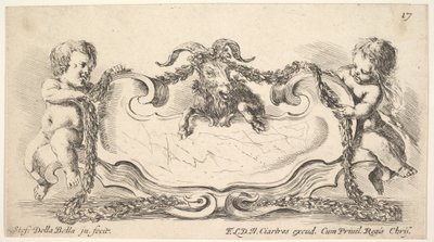 Levy 17: kartonki, jossa on marmorinen keskus, vauva kummallakin puolella pitelemässä seppeleuunia..., 1646. tekijältä Stefano della Bella