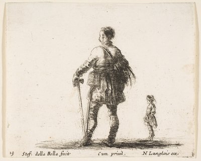 Kilpi 19: puolalainen aatelismies hovipuvussa, seisoo keskellä, takaa katsottuna, a..., n. 1644-47. tekijältä Stefano della Bella