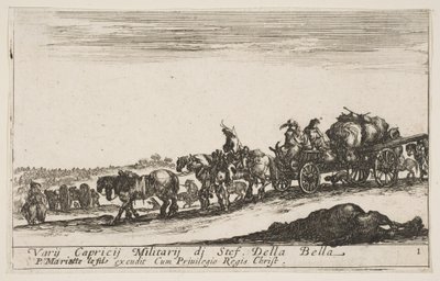 Levy 1: Hevoskärryt, jotka kuljettavat ihmisiä ja tavaroita, kuollut hevonen etualalla, f..., n. 1641. tekijältä Stefano della Bella