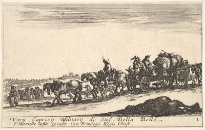 Levy 1: Hevoskärryt, jotka kuljettavat ihmisiä ja tavaroita, kuollut hevonen etualalla, f..., n. 1641. tekijältä Stefano della Bella