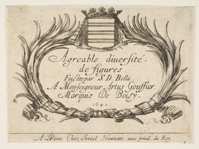 Kilpi 1: Kaksi kämmentä ja vaakuna kehystävät otsikon ja omistuksen, nimilehti teokselle "Vari...", 1642. tekijältä Stefano della Bella