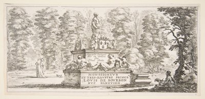 Kilpi 1: monumentti patsaineen ja vaakuna keskellä, piirtäjä..., n. 1643. tekijältä Stefano della Bella