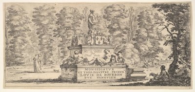 Kilpi 1: monumentti patsaineen ja vaakuna keskellä, piirtäjä..., n. 1641. tekijältä Stefano della Bella