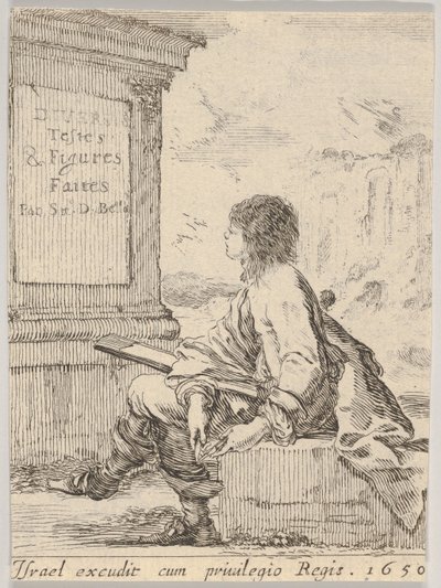 Levy 1: nuori mies istuu kivellä, kasvot vasemmalle, pitelee piirustuslehtiötä vuonna ..., 1650. tekijältä Stefano della Bella