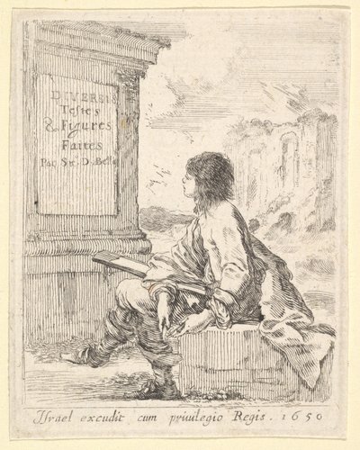 Levy 1: nuori mies istuu kivellä, kasvot vasemmalle, pitelee piirustuslehtiötä vuonna ..., 1650. tekijältä Stefano della Bella