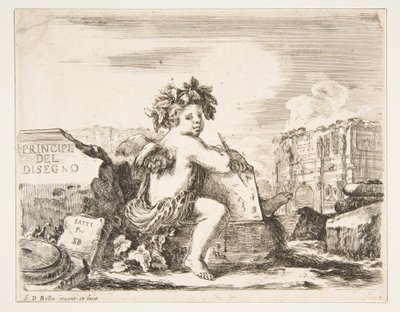 Levy 1: piirtämisen nero, siivekäs lapsi, joka istuu kivellä keskikäännöksessä..., n. 1641-43. tekijältä Stefano della Bella