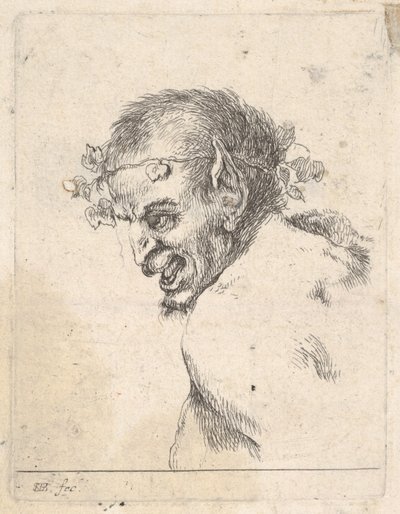Levy 29: Nauravan satyyrin rintakuva, vasemmalle päin, julkaisusta "Eri muotokuvat" ..., n. 1647. tekijältä Stefano della Bella