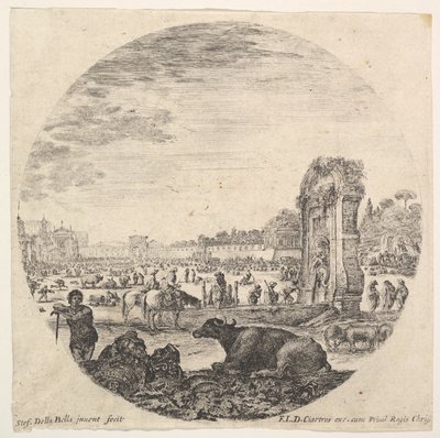 Levy 2: Campo Vaccino, puhveli ja kaksi paimenta keskellä, Fontanone laitteelle..., n. 1643-48. tekijältä Stefano della Bella