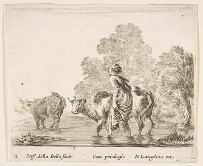 Levy 2: talonpoikanainen paimentaa kahta lehmää virran poikki, kävelee vasemmalle..., n. 1644-47. tekijältä Stefano della Bella