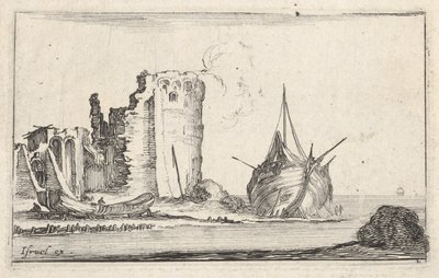 Levy 2: oikealla laiva ja vasemmalla soutuvene, rantaan upotettu, torni raunioina b..., n. 1642. tekijältä Stefano della Bella