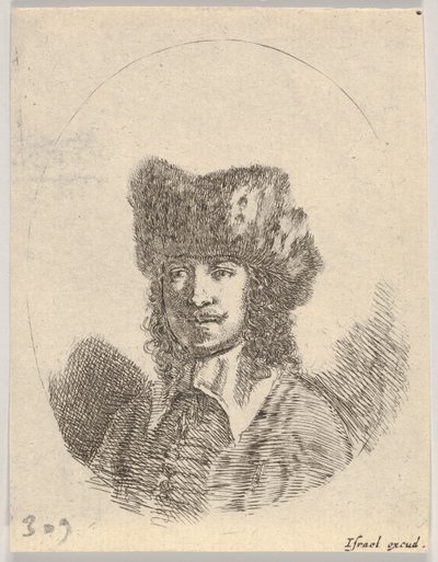 Levy 2: miehen pää, jolla on viikset ja turkislakka vasemmalle, soikea sommitelma, vuodelta..., 1650. tekijältä Stefano della Bella