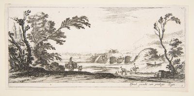 Levy 3: kaksi ratsumiestä ylittämässä jokea oikealle, nainen kahdella korilla aasin päällä..., n. 1641. tekijältä Stefano della Bella