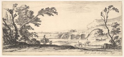 Levy 3: kaksi ratsumiestä ylittämässä jokea oikealle, nainen kahdella korilla aasin päällä..., n. 1641. tekijältä Stefano della Bella