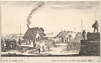 Levy 4: Sotilasleiri, jossa sotilas seisoo kaiteen päällä oikealla..., n. 1641. tekijältä Stefano della Bella