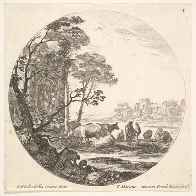 Levy 4: Korintin pääkaupunki maassa vasemmalla etualalla, muistomerkki, n. 1643-48. tekijältä Stefano della Bella